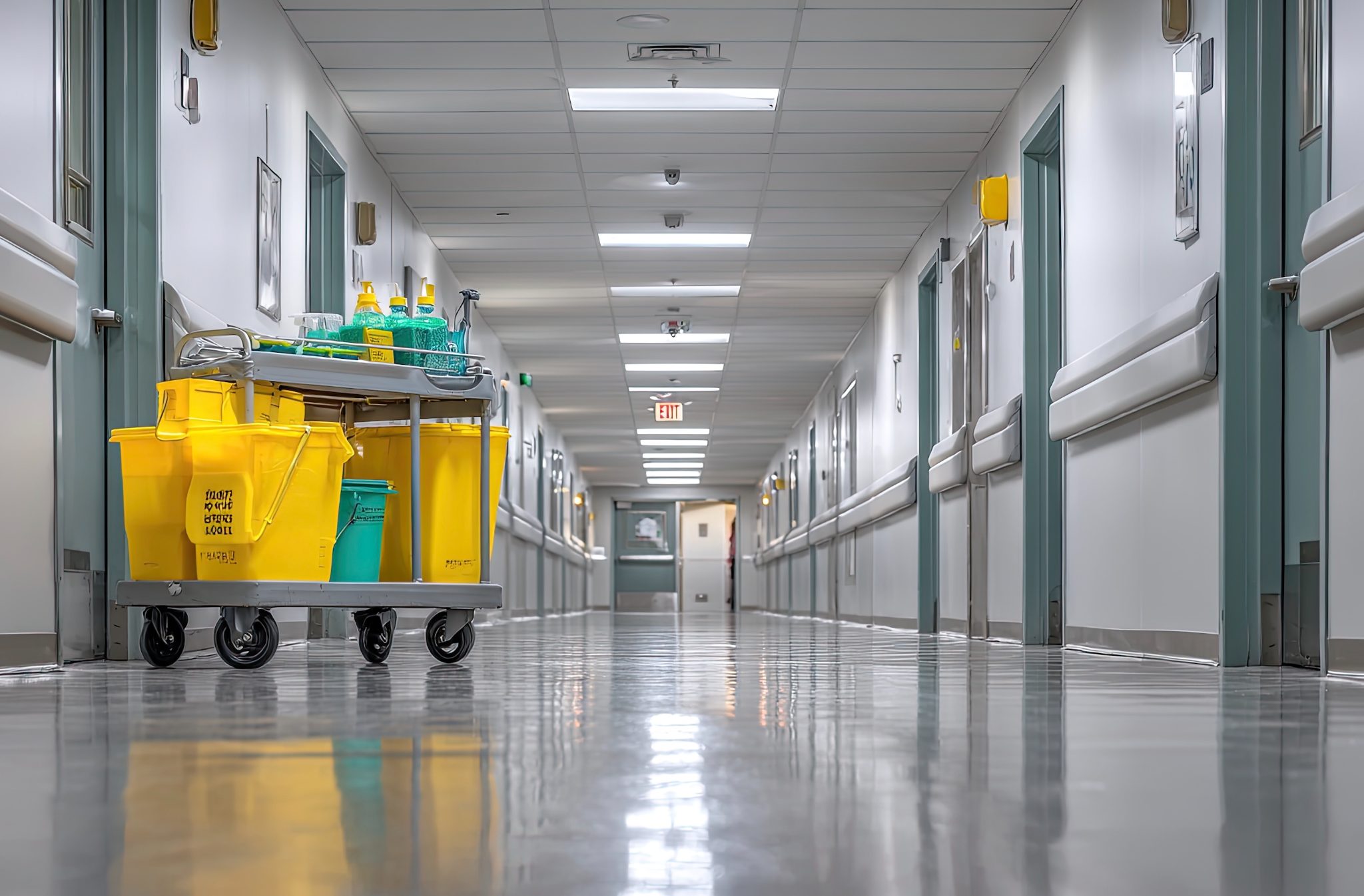 Supply cart in a hospital corridor